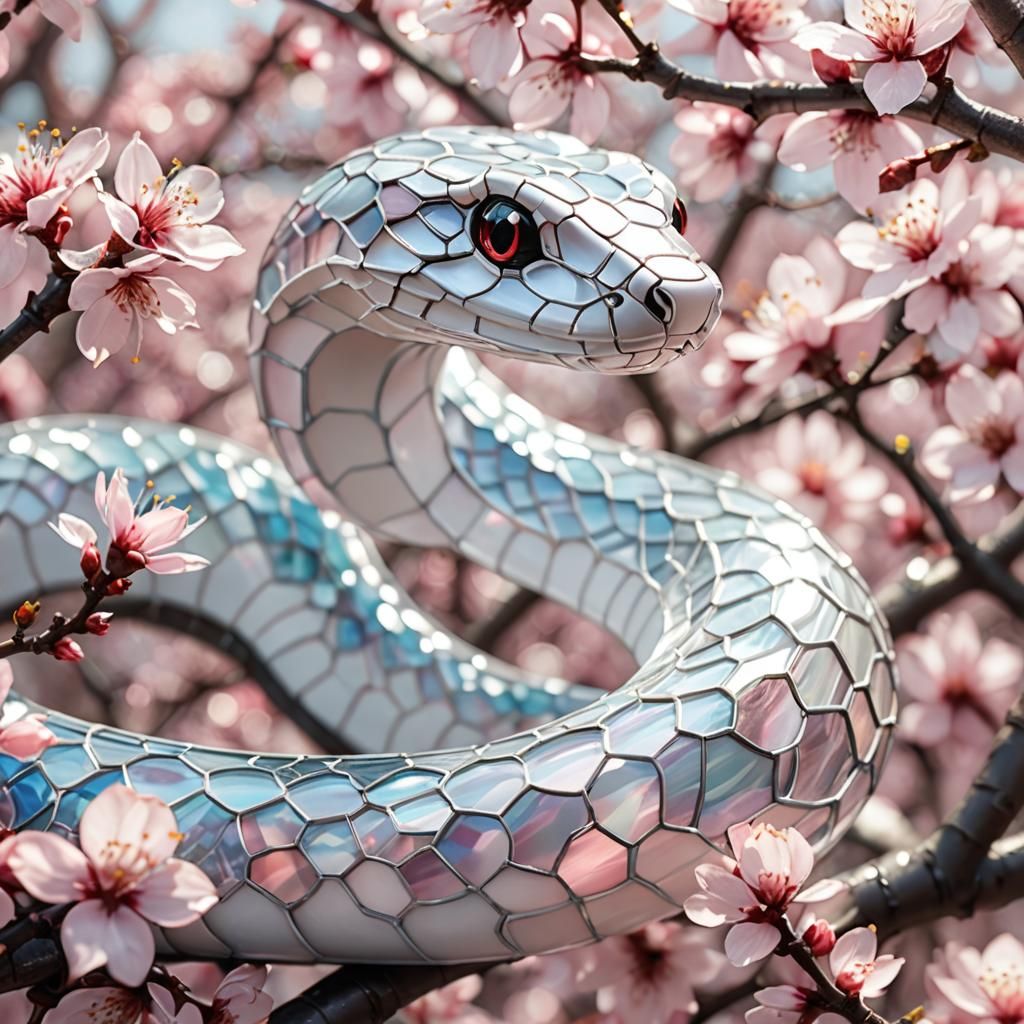 Stained Glass Snake Among Cherry Blossoms