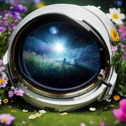 Astronaut in Flower Garden Reflects Universe: Hyperrealistic...