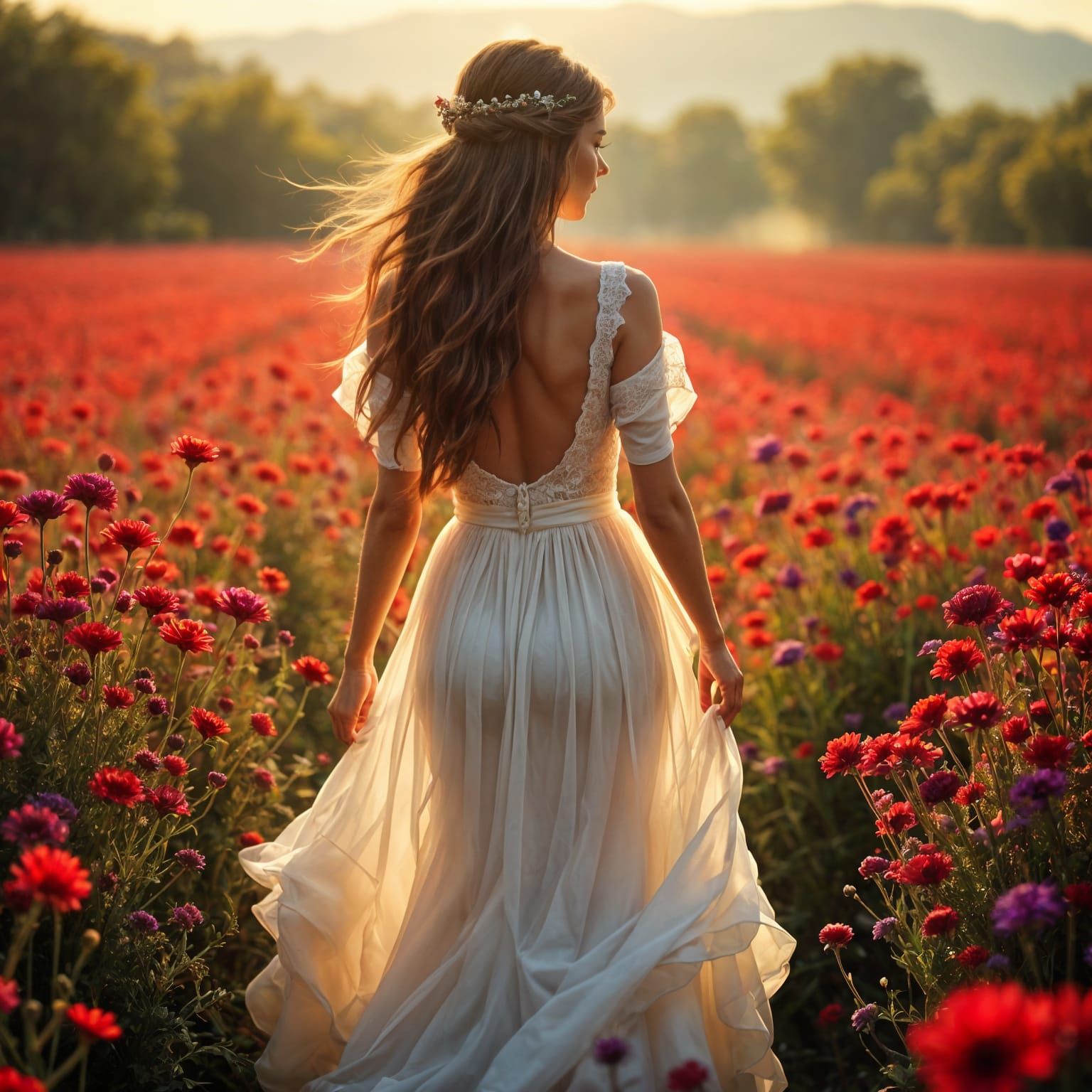 Elegant Woman in a Vibrant Floral Landscape