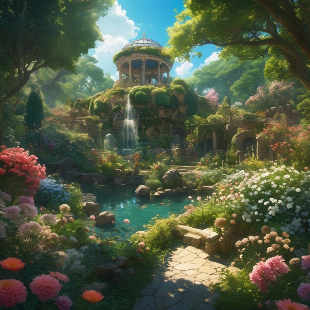 Enchanting Flower Garden with Greek Architecture in Anime St...