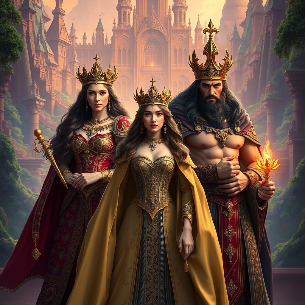 Majestic Royal Trio in Vibrant Ancient Kingdom