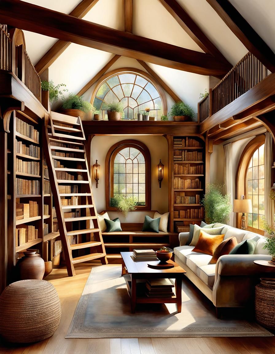 Cozy Hobbit House Interior in Watercolor Style