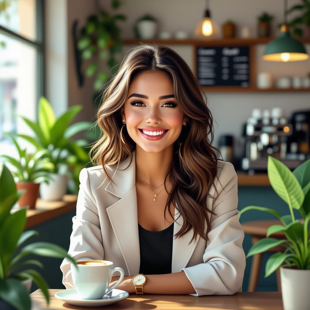 Trendy Woman in Coffee Shop: Digital Painting Aesthetic