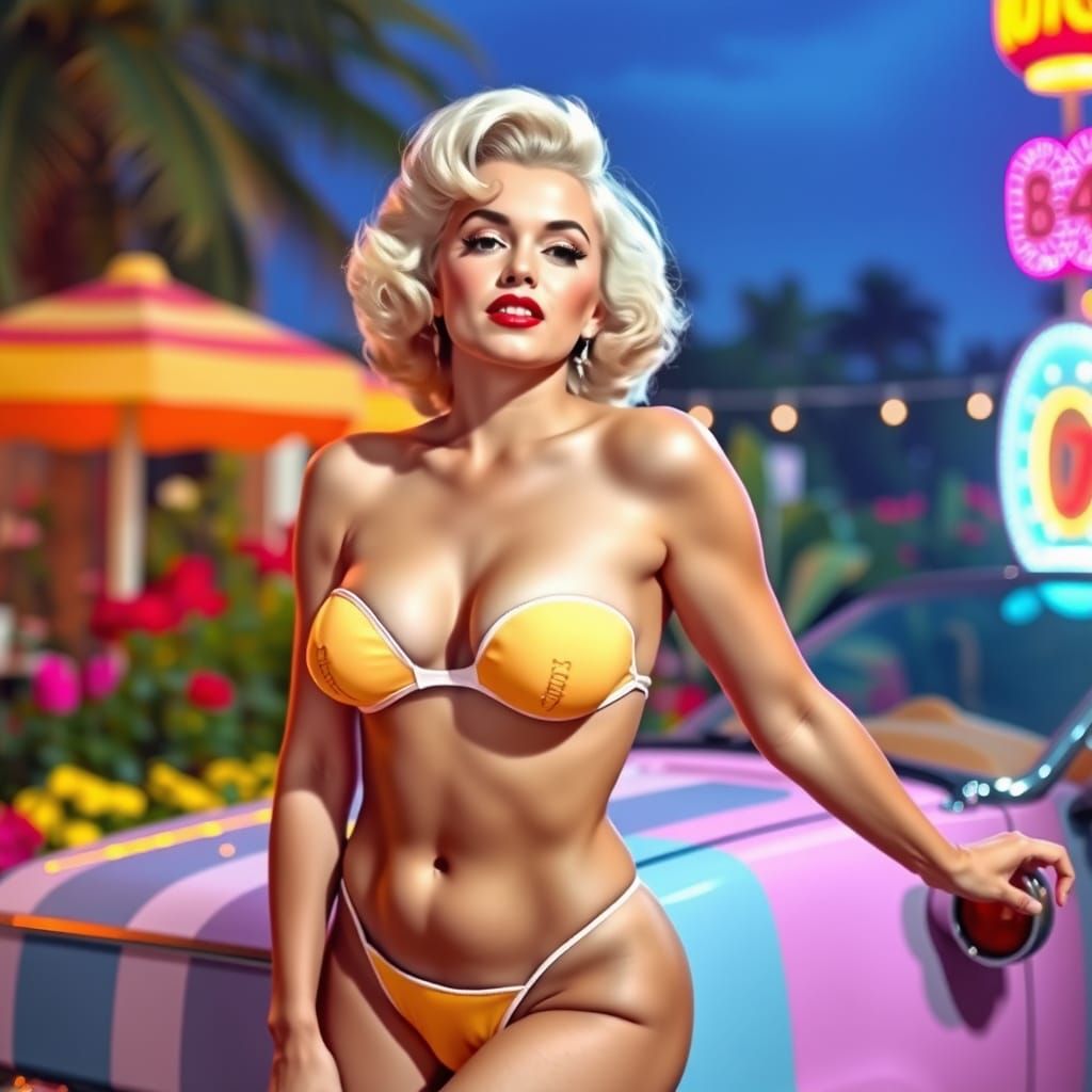 Marilyn Monroe in Vibrant Summer Garden with Rainbow Hues