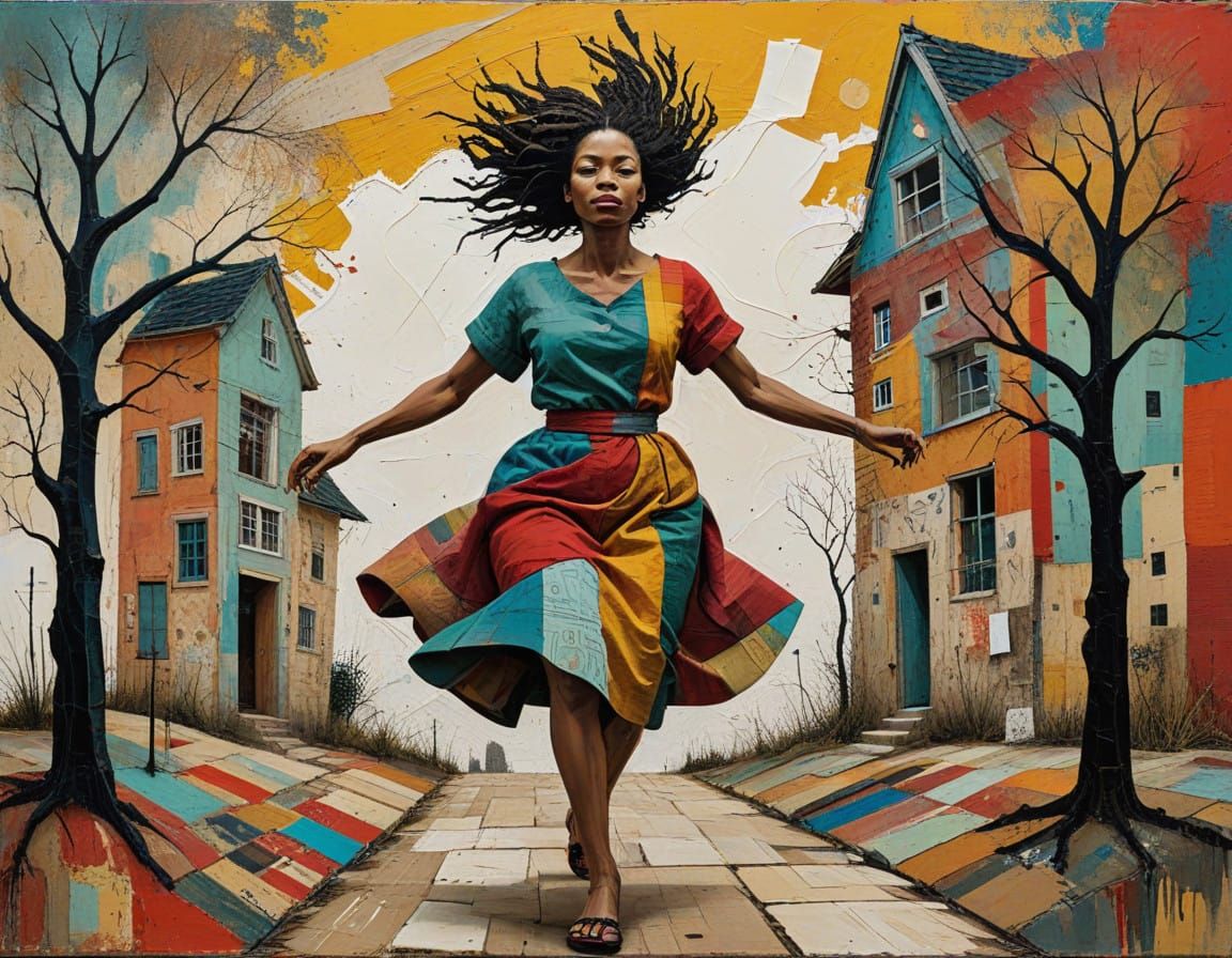 Dynamic Dance through a Surreal Cubist Landscape