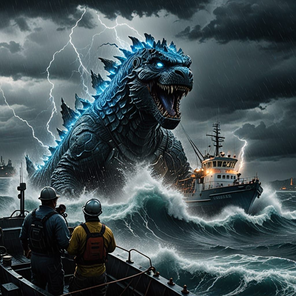 Godzilla Breaching Water in a Hyper-Realistic Film Still