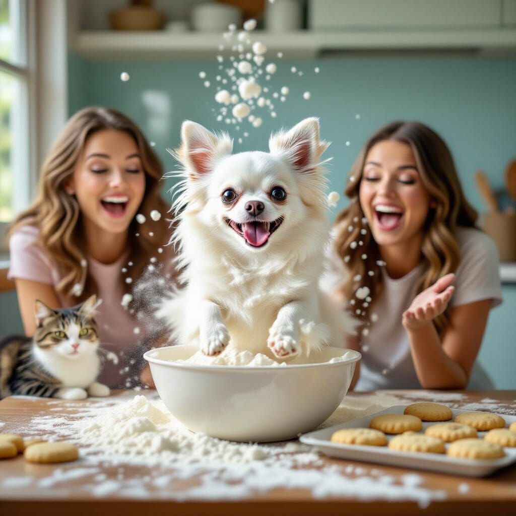 Chihuahua Flour Explosion in Pastel Cartoon Style