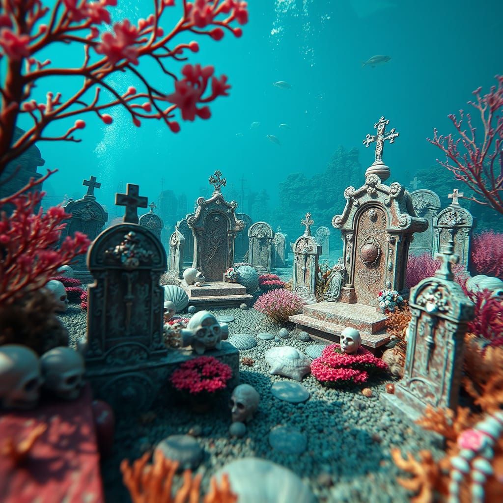 Whimsical Underwater Mermaid Graveyard With Coral