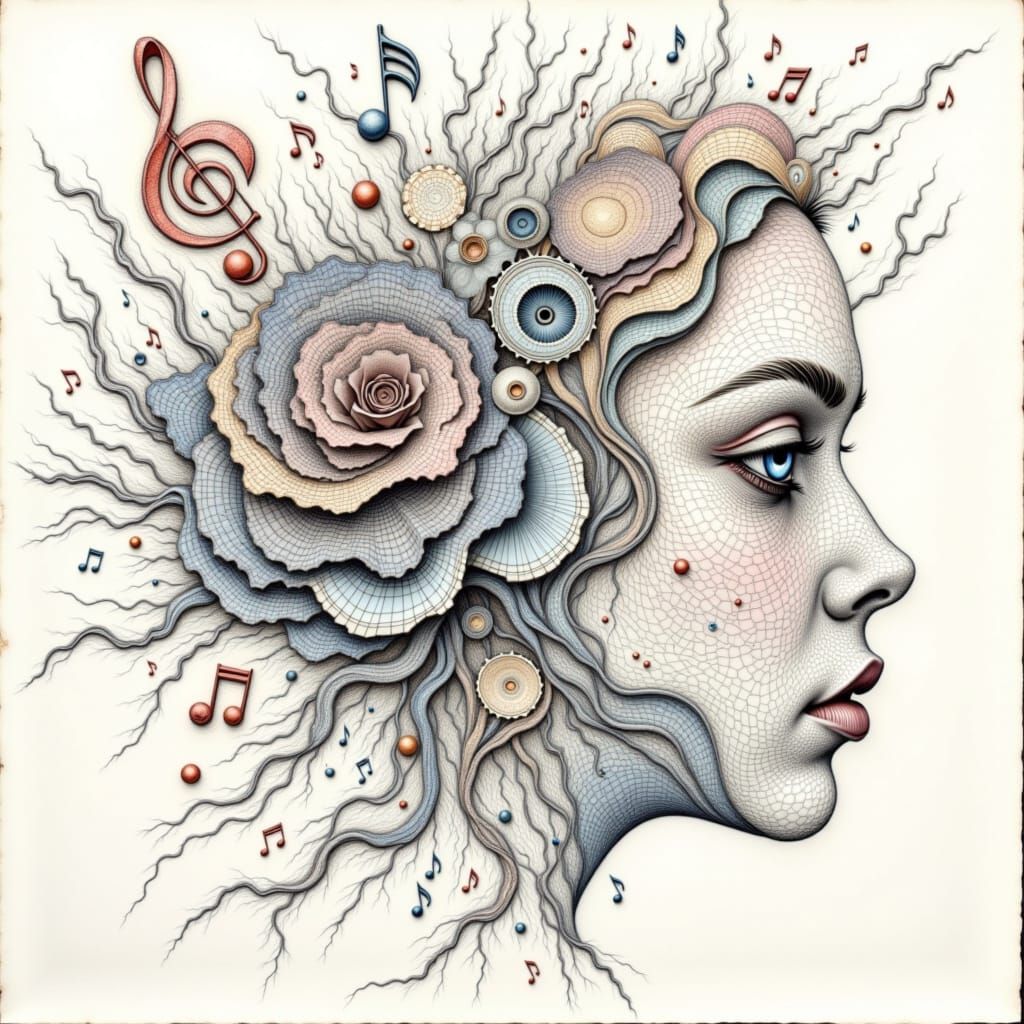 Surreal Song Portrait in M.C. Escher Style Sketch