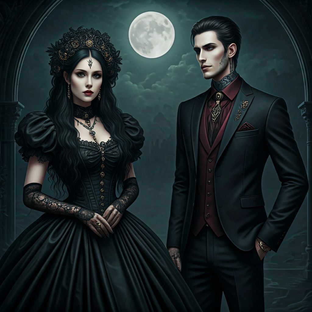 Gothic Couple in Victorian Attire with Golden Jewelry
