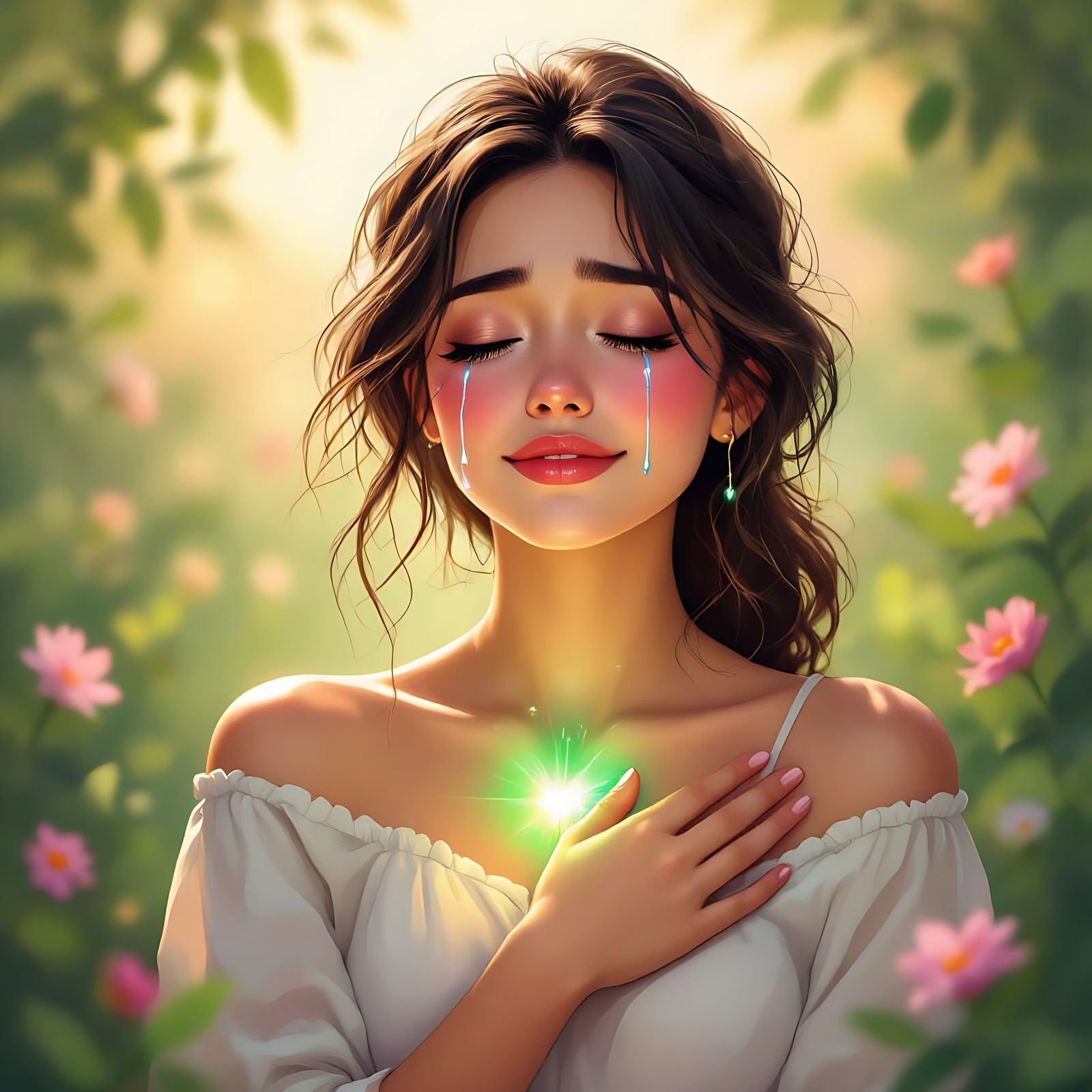 Woman's Healing Tears Reflecting Inner Light