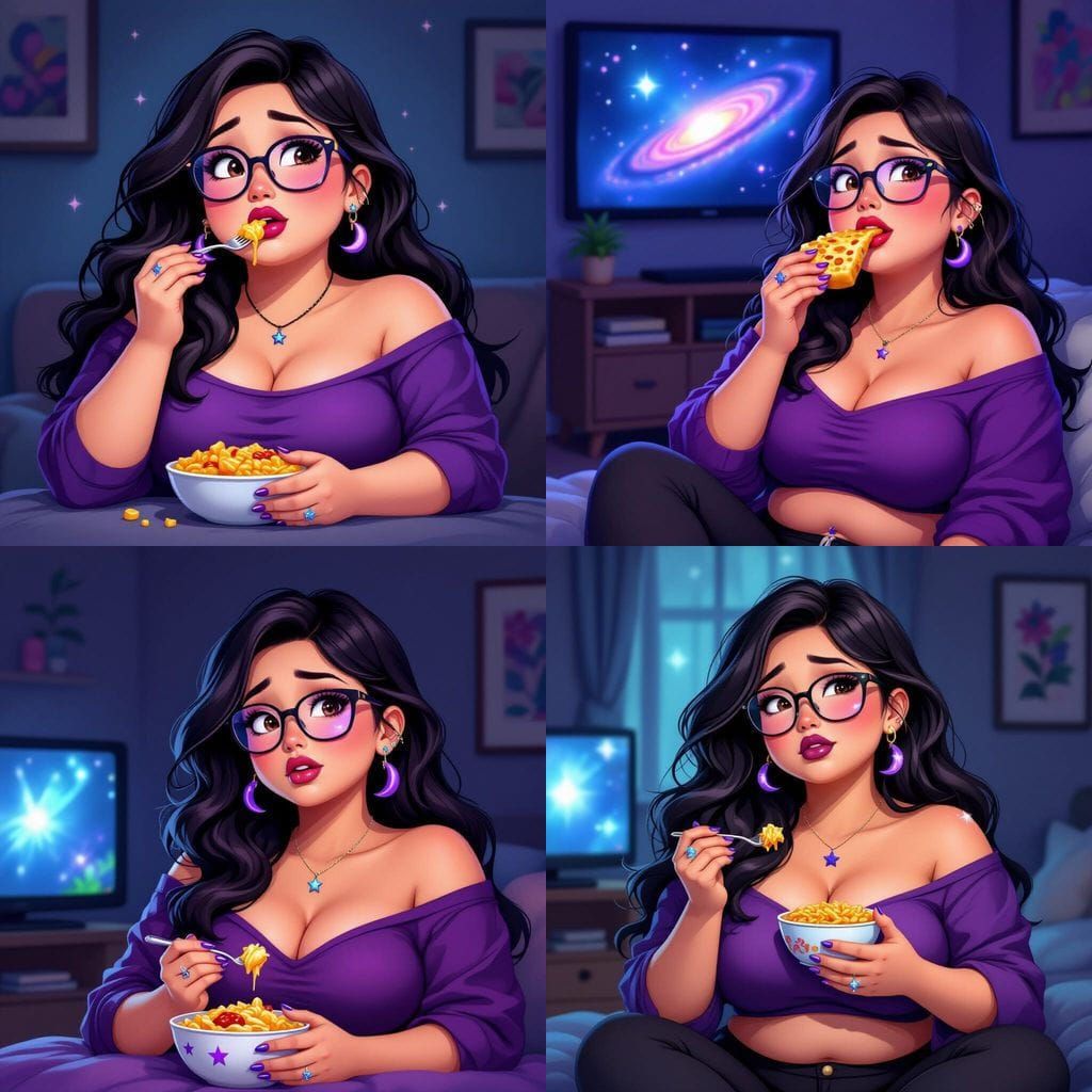 Animated Overweight Woman Crying While Eating Junk Food