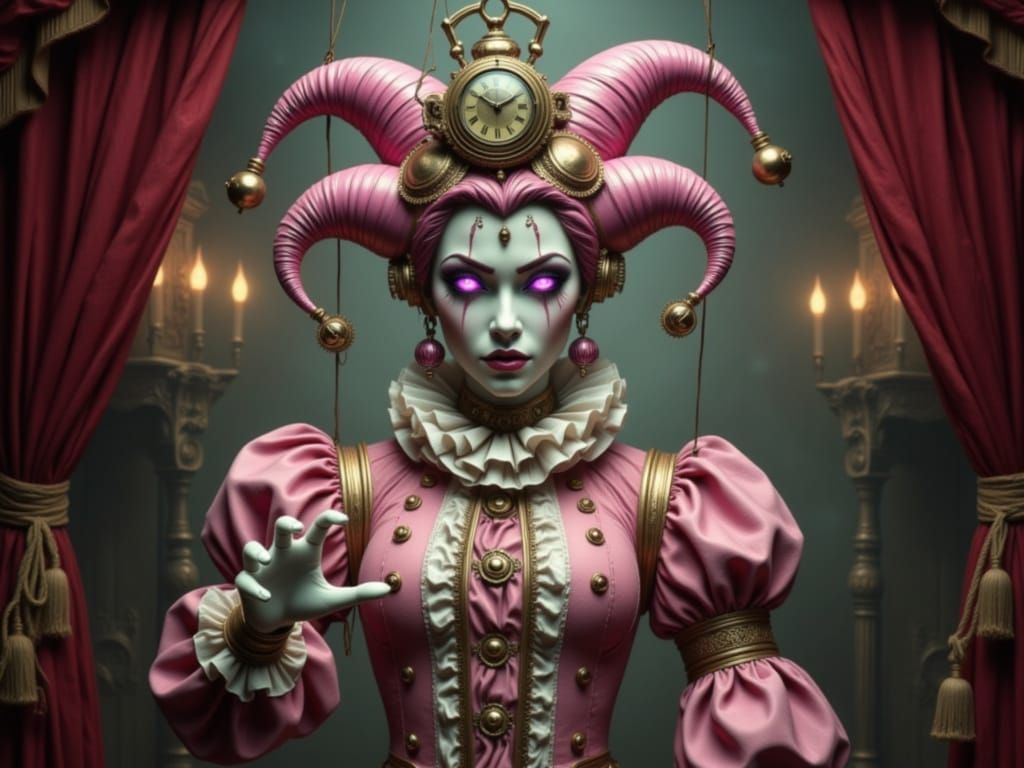 Clockpunk Jester Puppet with Pink Diamonds