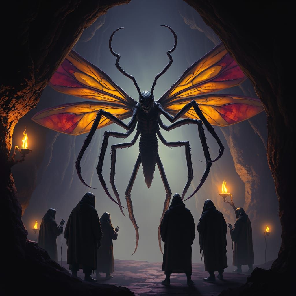 Ethereal Insect God in Dark Fantasy Cavern