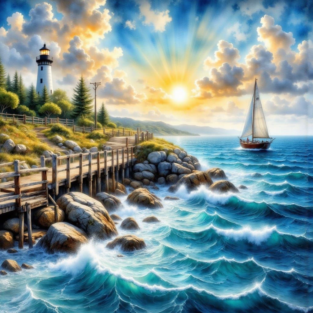 Peaceful Oil Painting of a Serene Seascape with Lighthouse