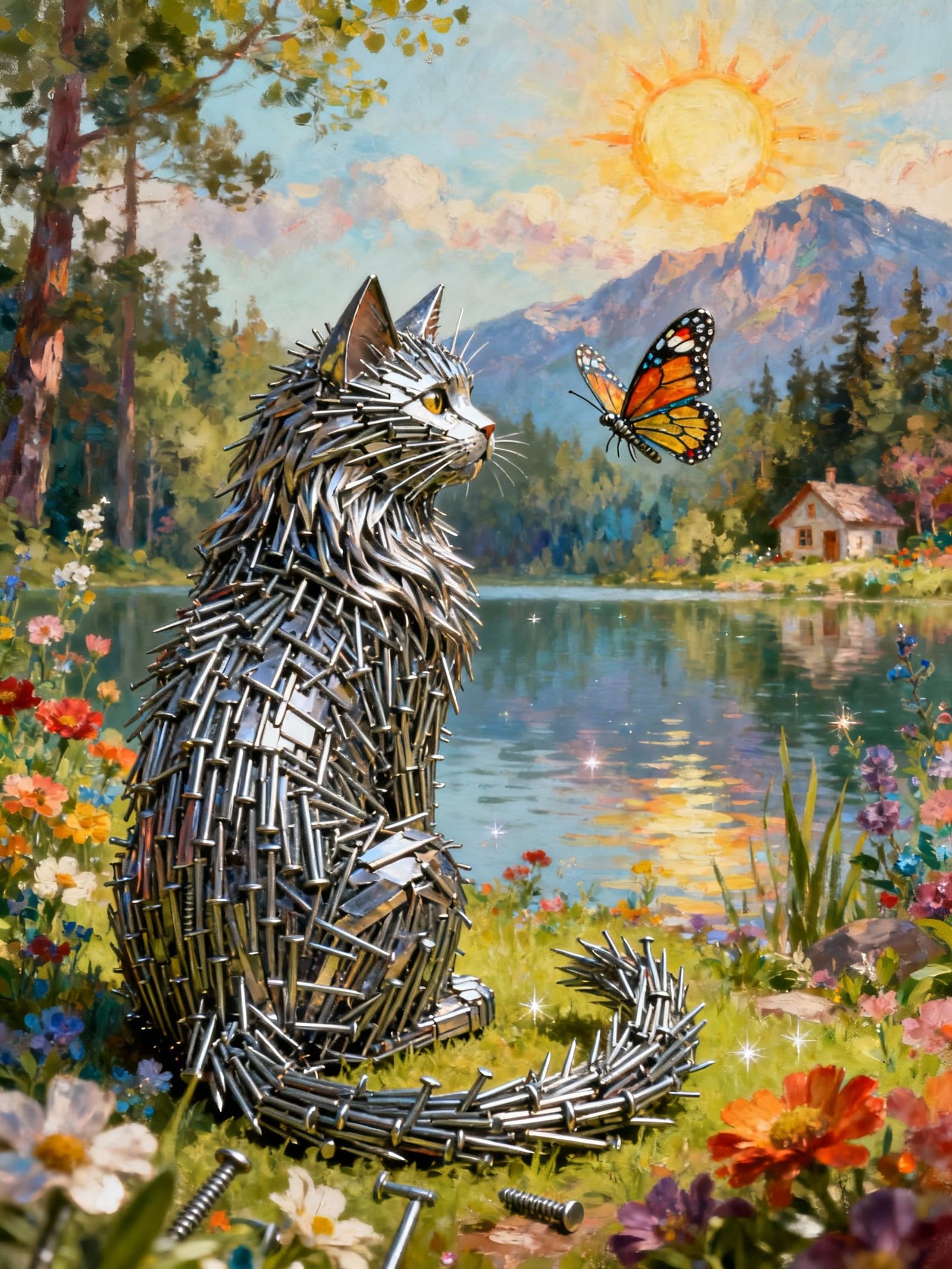 Cat Sculpture of Nails and Screws in Magical Landscape