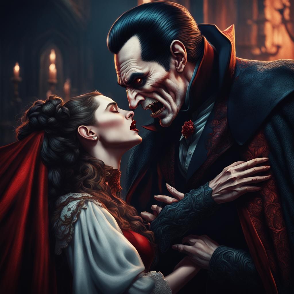 Dracula Biting Woman's Neck: Detailed Fantasy Art