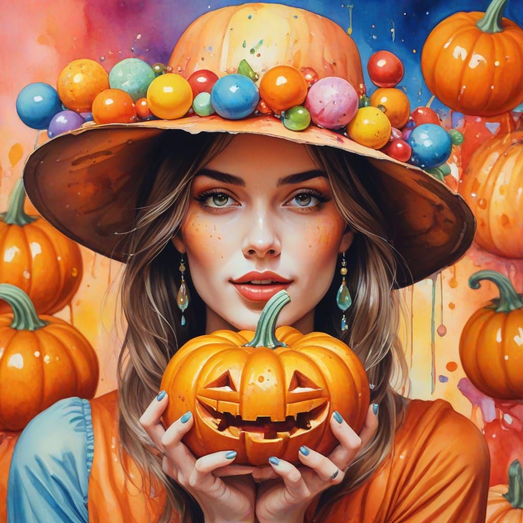 Eccentric Woman with Pumpkin Hat Decorated with Sweets in Wa...