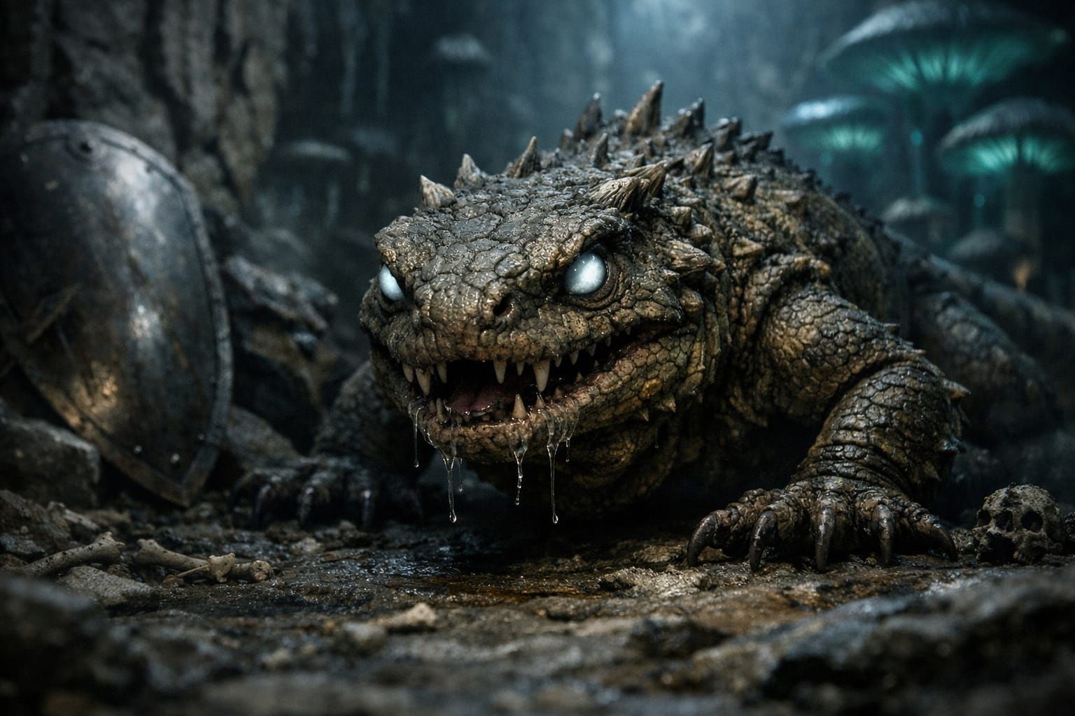 Young Basilisk Stalks Dim Underdark Cavern