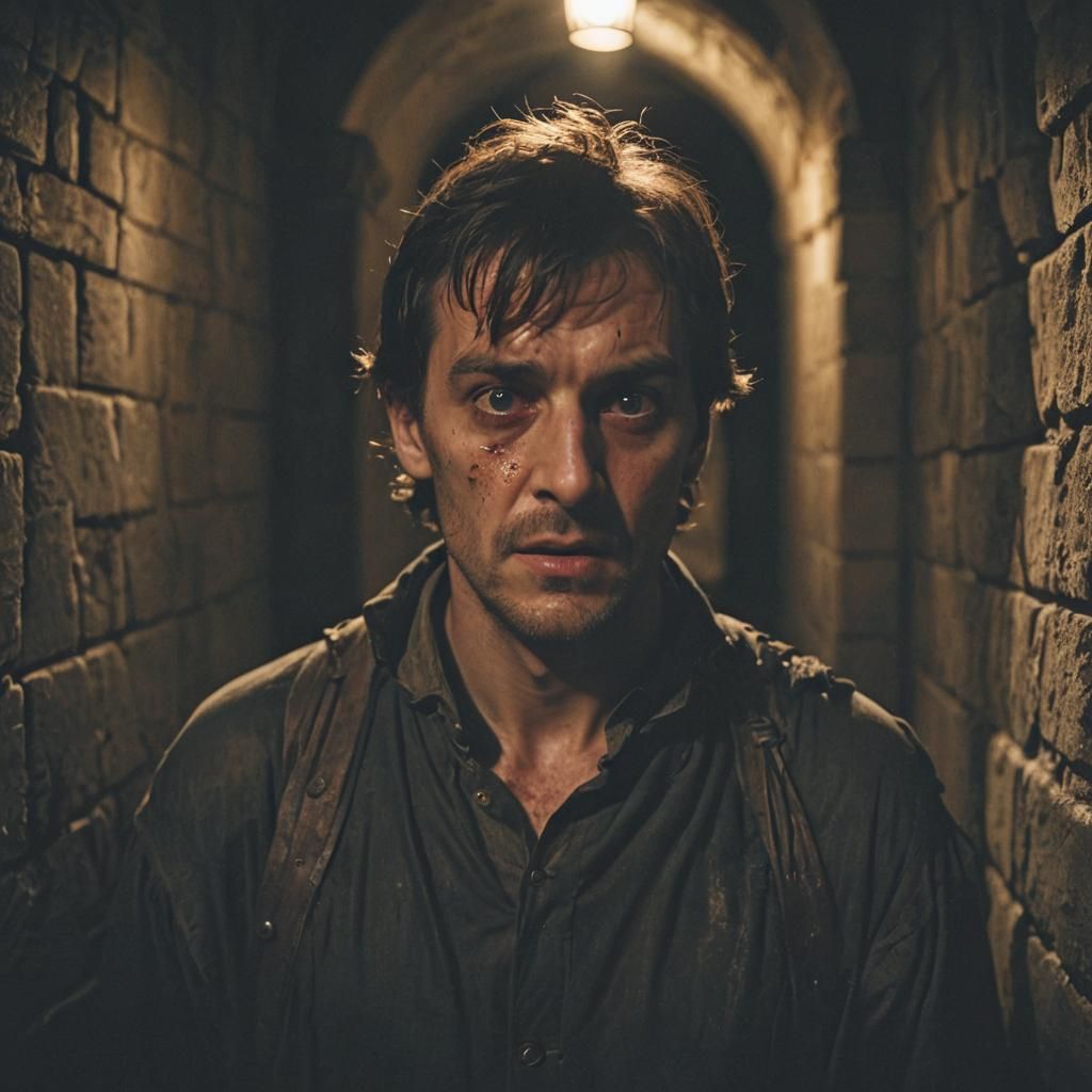 Man Pretending Insanity in Dark Castle Corridor