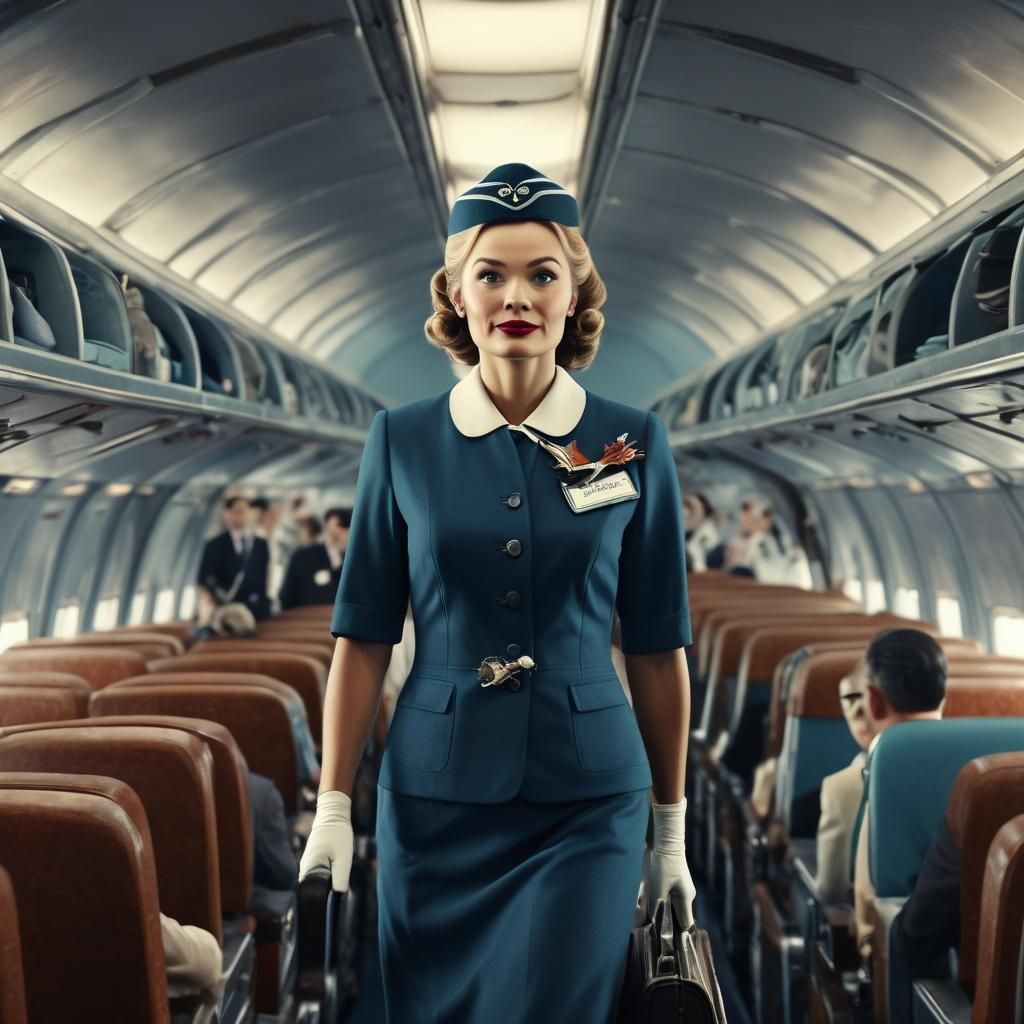 1950s Flight Attendant on Airplane in 8k