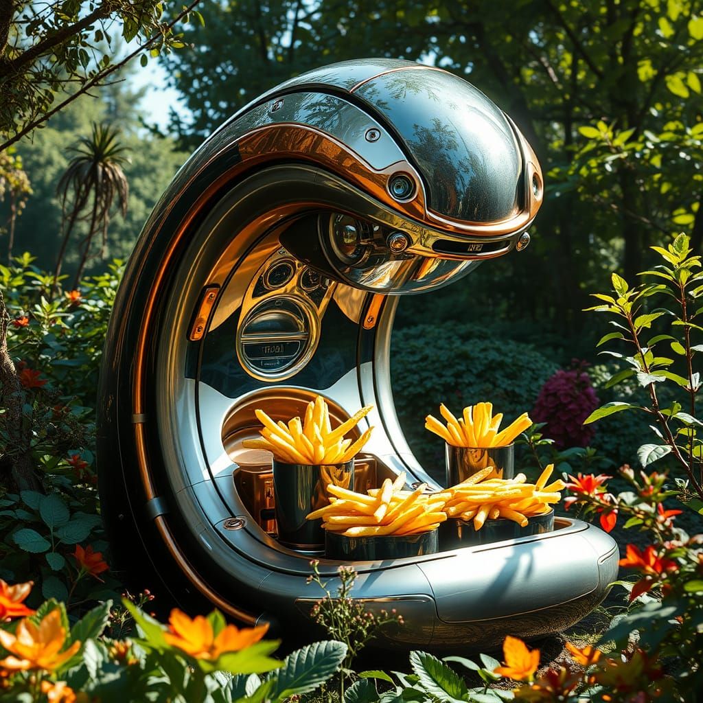 Stunning Futuristic French Fry Machine Amidst Vibrant Landsc...