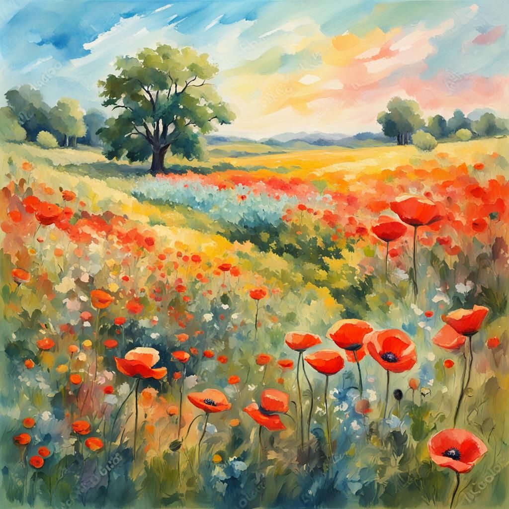 Summer Meadow in Gouache Style Watercolor