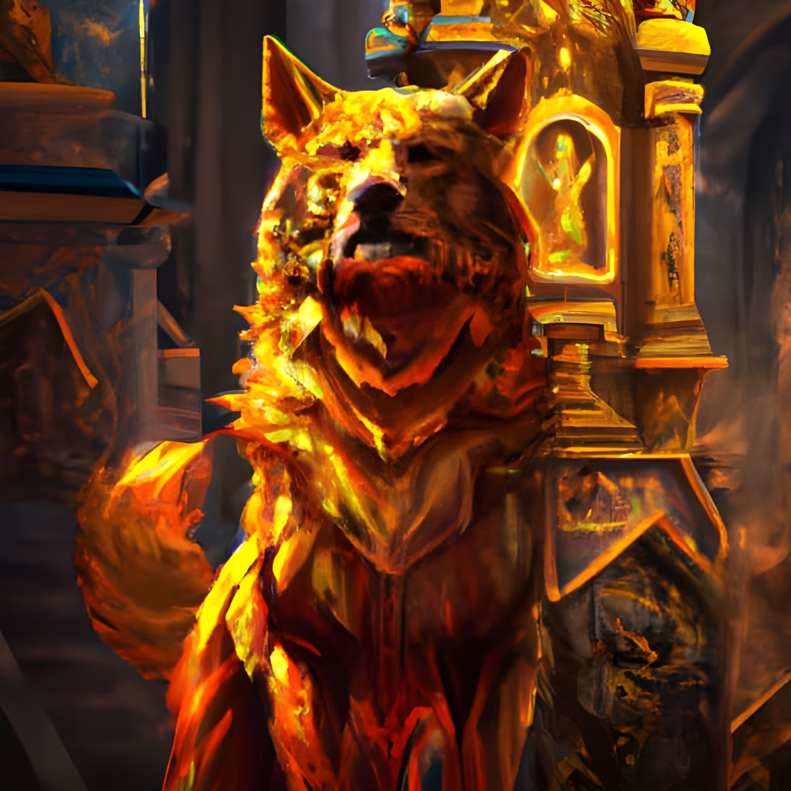 Golden Wolf God Statue in Medieval Shrine