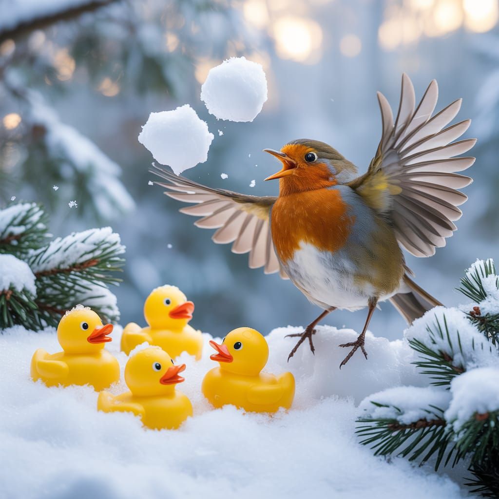 Robin's Whimsical Snowball Fight with Rubber Ducks