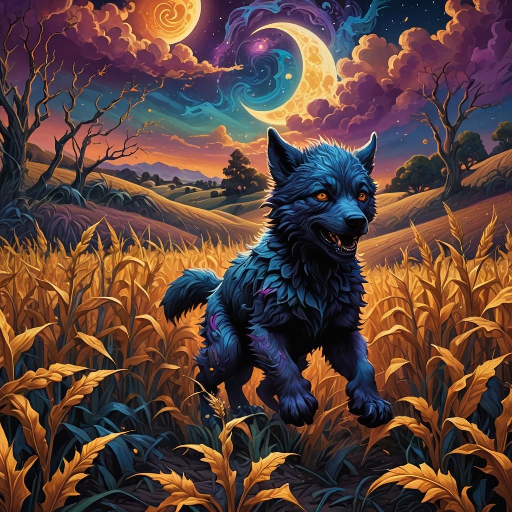A baby werewolf romping through the cornfield