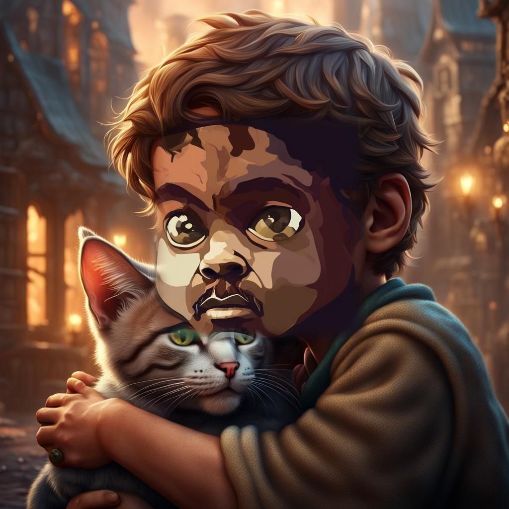 Boy Hugs Kitten: Detailed Matte Painting