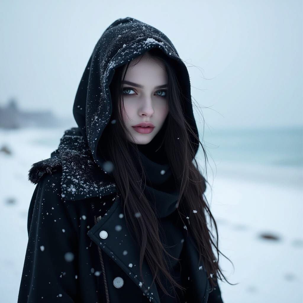Goth Model in Snowy Beach Landscape