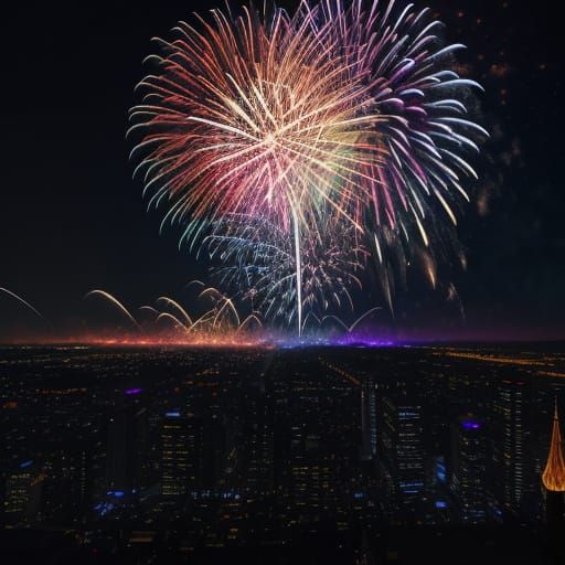 Explosive Fireworks Over Dark City Skyline