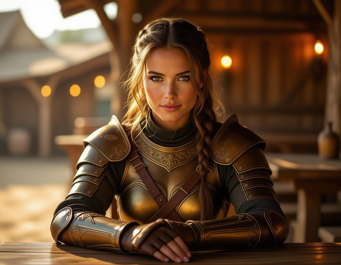 Female Warrior in Amber Light at Tavern Table