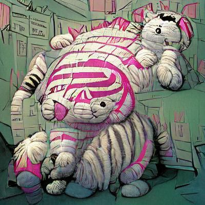 Pink Striped Stuffed Cat: Cel-Shaded Illustration