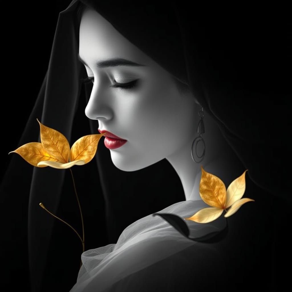 Ethereal Portrait: Golden Leaves on Porcelain Skin