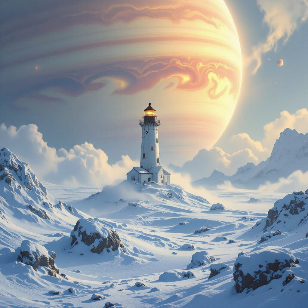 Lighthouse Amidst Saturn's Icy Rings in Sci-Fi Style