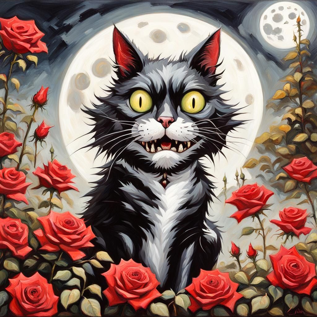 Gothic Horror Cat in Crimson Rose Garden