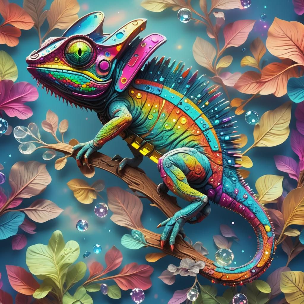 Cyberpunk Jewel Chameleon Soaring in Fantasy Sky