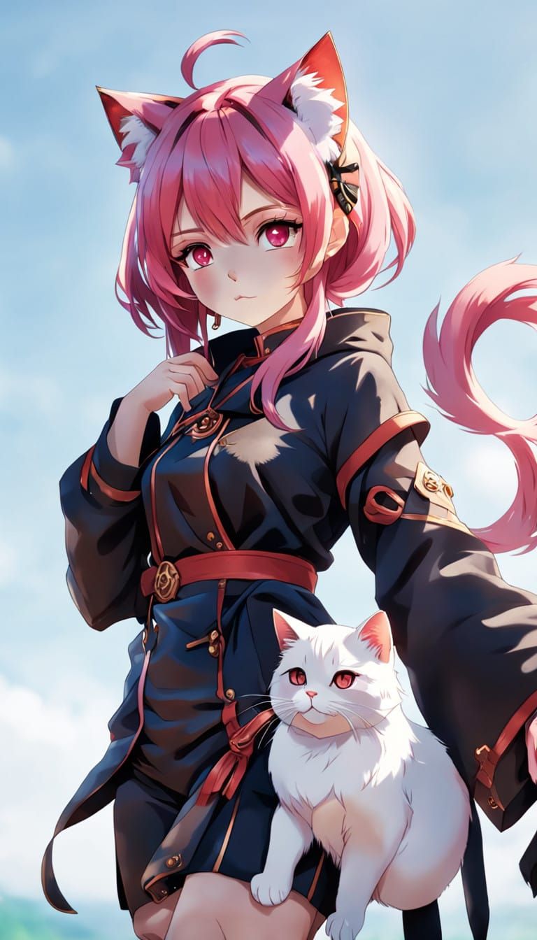 Anime Girl with Red Eyes and Pink Hair in Serene Contemplati...