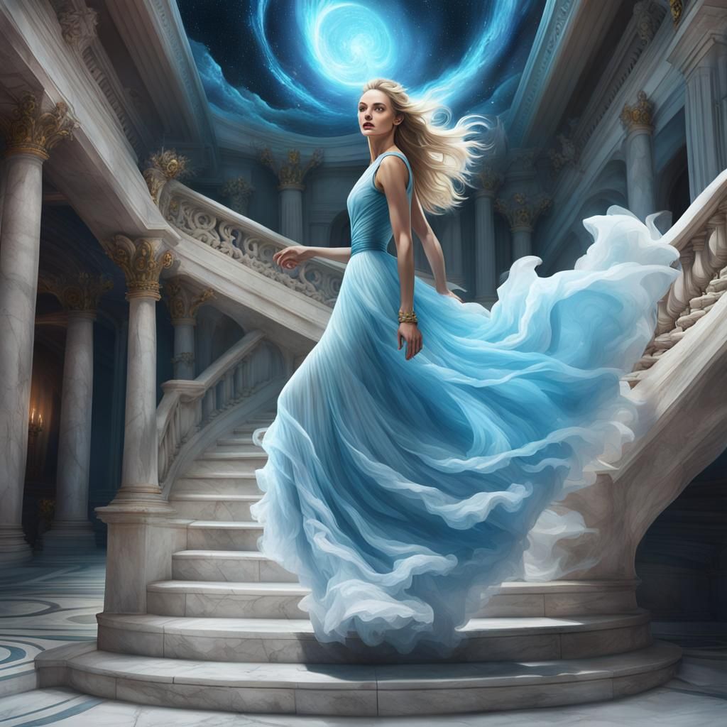 Blonde Woman in Pink Dress Runs to Space