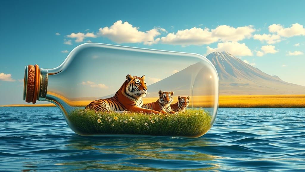 Tiger Family Serenity in Glass Bottle Oasis