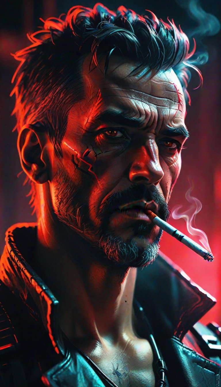 Cyberpunk Portrait of a Rugged Man Smoking