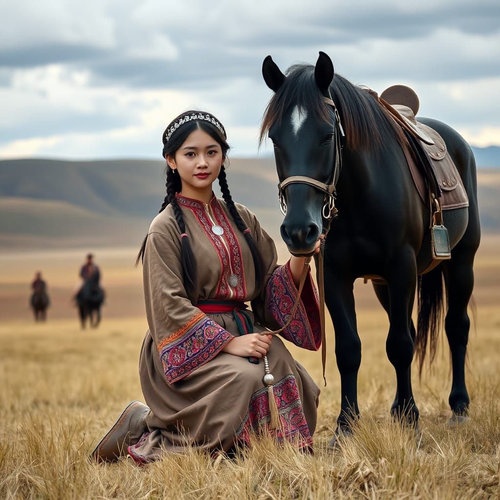 Mongolian Woman with Horse on Grassy Steppe