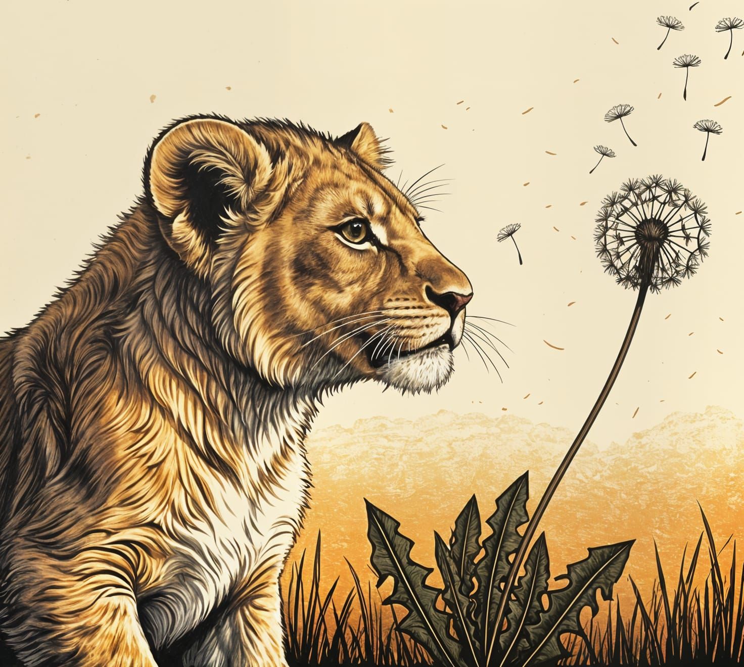 Dandelion Wishes in Whimsical Woodblock Style