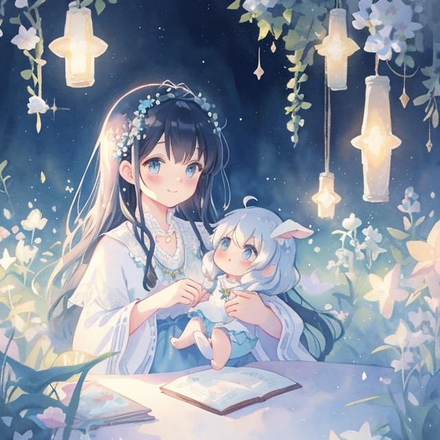 Dreamy Girl with Bunnies, Watercolor Art