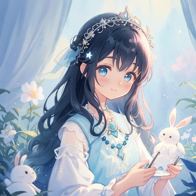 Dreamer with Bunnies in Watercolor Arte Povera Style