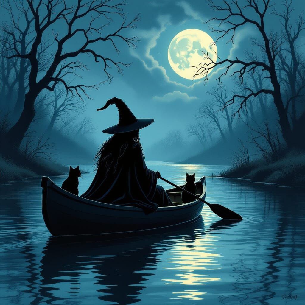 Witch and Cat Canoe Ride Under Moonlight, Etching Style