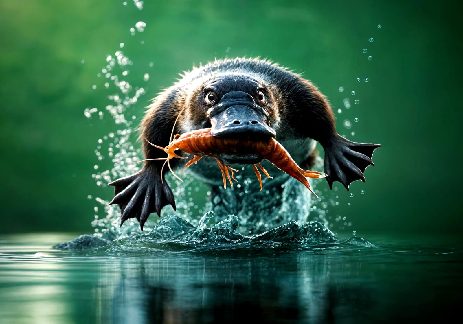 Underwater Platypus Captures Yabby: Detailed Digital Paintin...