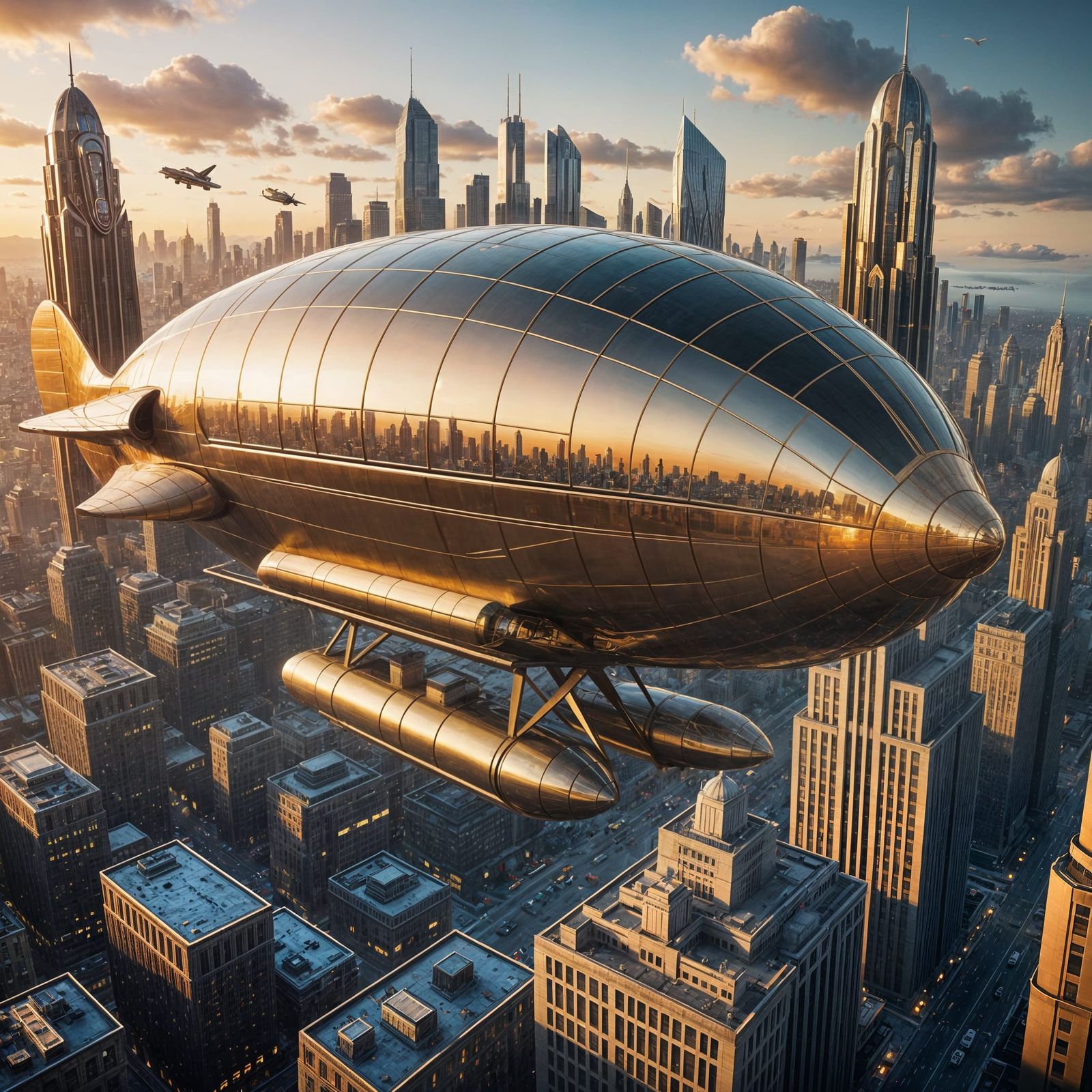 Art Deco Zeppelin Soars Over Futuristic City